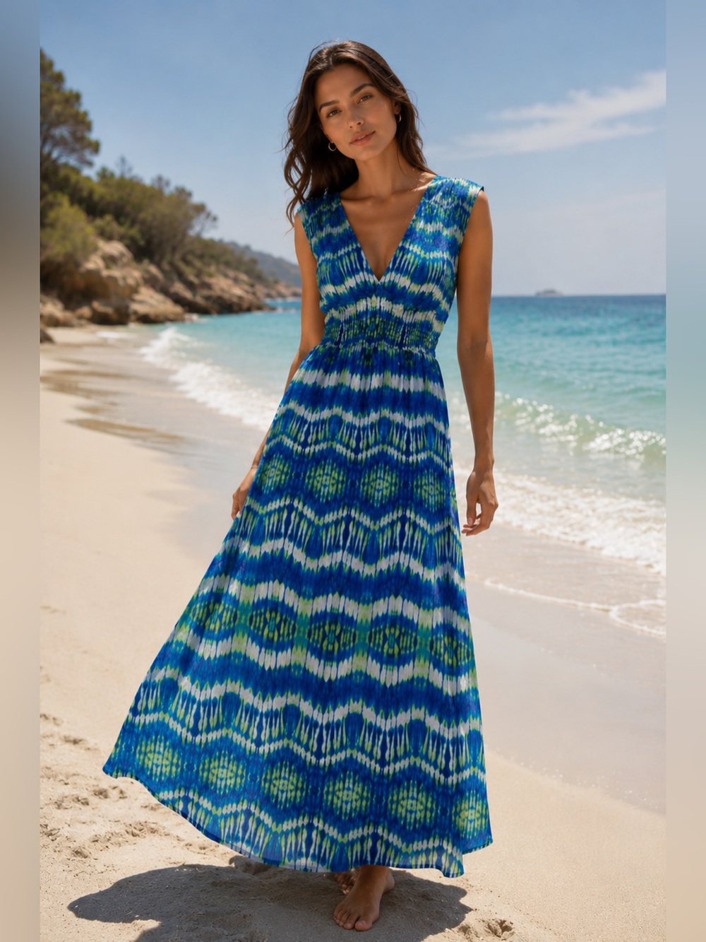 Romeo & Juliet Couture Blue Green Tie Dye Maxi Dress V-Neck Resort Boho